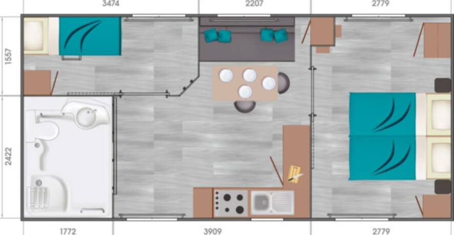 Location-mobil-home le Pinot à Turckheim au camping le Médiéval : plan du mobil-home